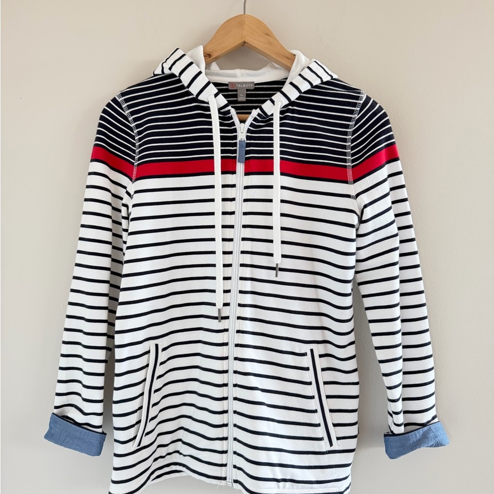 Talbots Women’s Small Nautical‎ Coastal Preppy Hooded Sweatshirt Red White Blue
